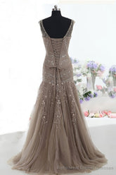 Mermaid Lace Up Brown Tulle Modest Beading V Neck Prom Dresses